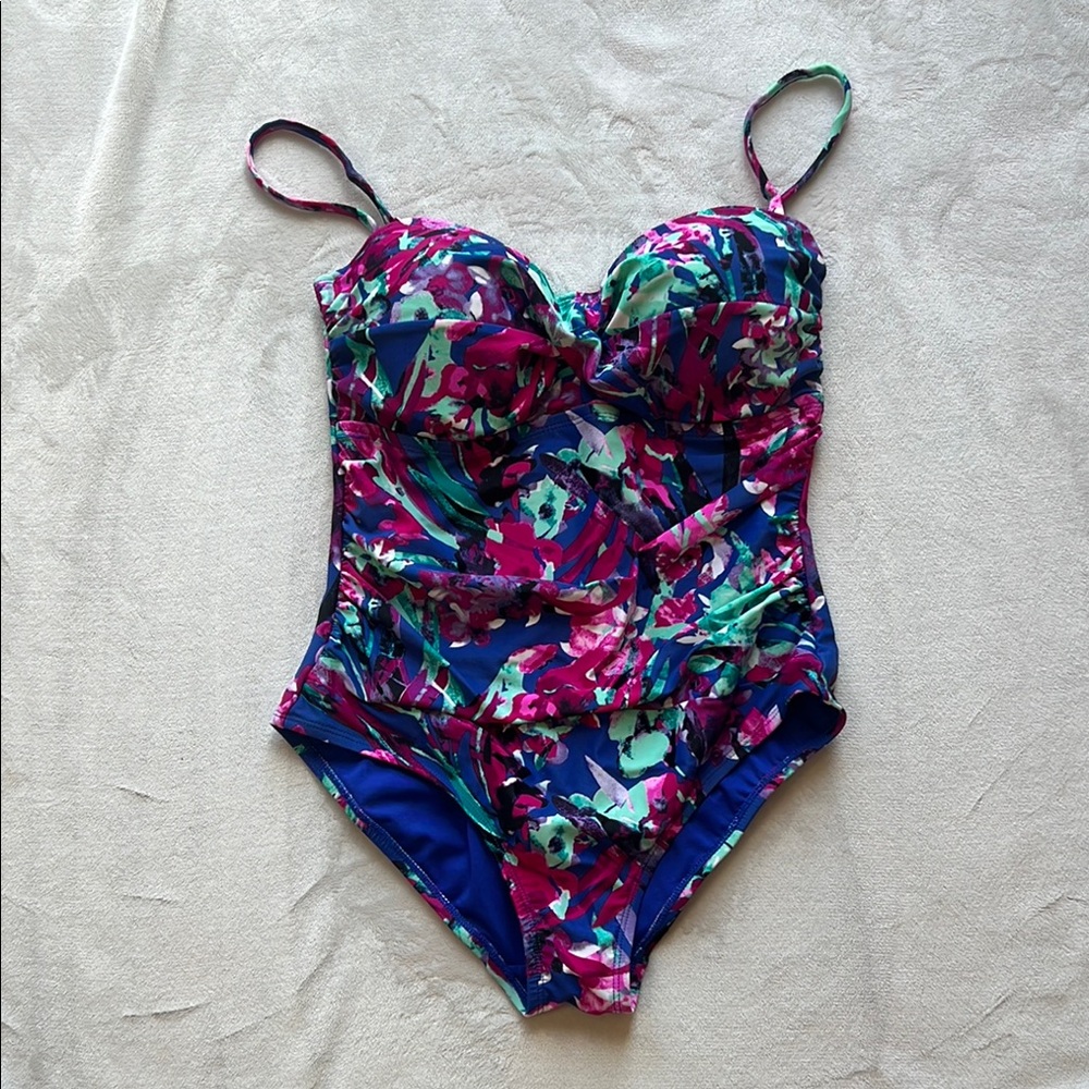 Catalina Floral Twist Front One-Piece Swimsuit Pink Blue Purple, Size Small